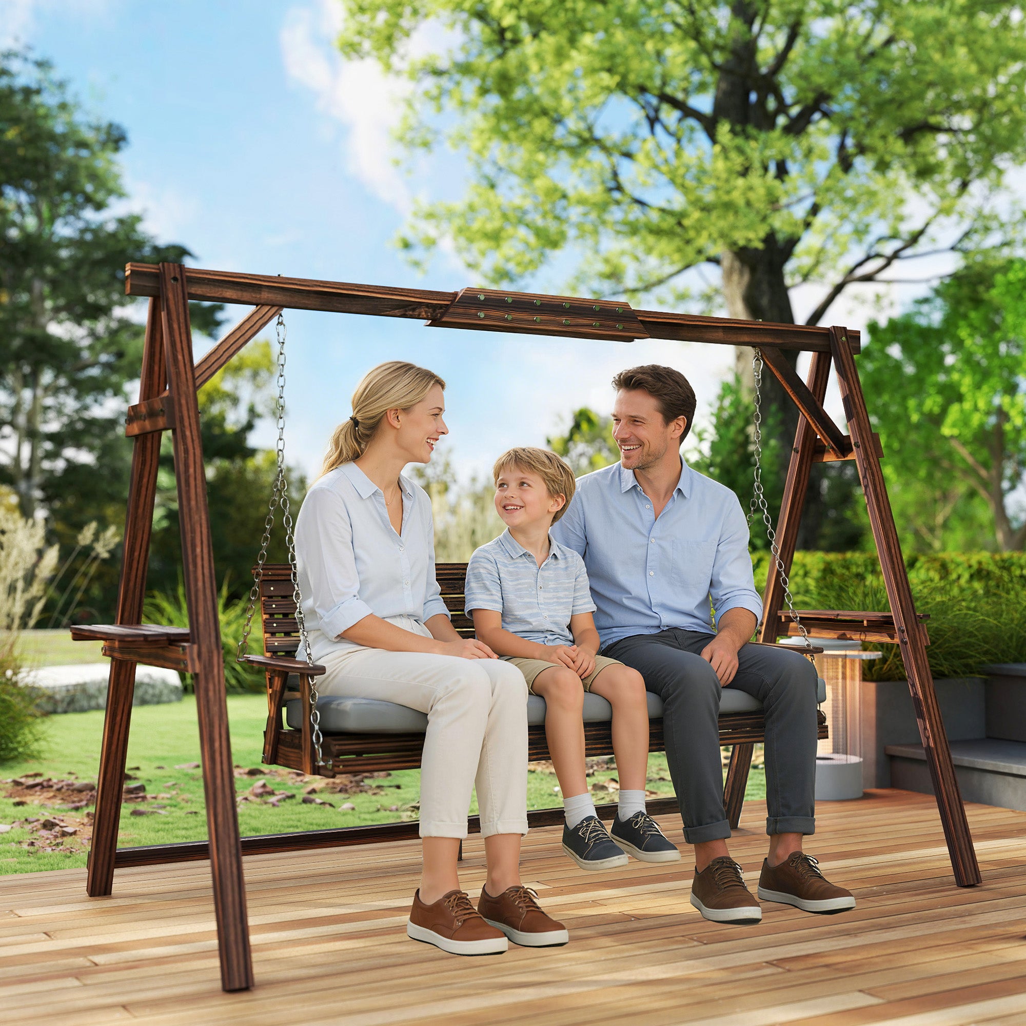 3-Seater Wooden Hollywood Swing with Cushioned Seat & Side Trays — Charred Finish, 728 lb Capacity