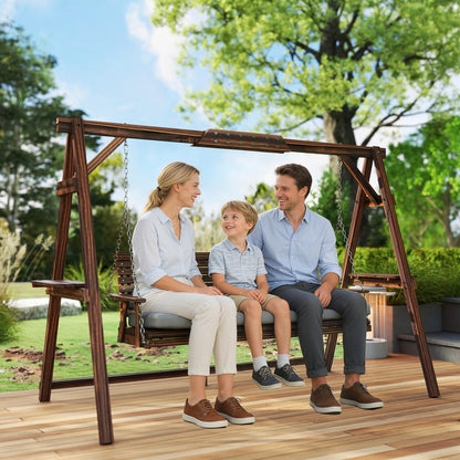 3-Seater Wooden Hollywood Swing with Cushioned Seat & Side Trays — Charred Finish, 728 lb Capacity