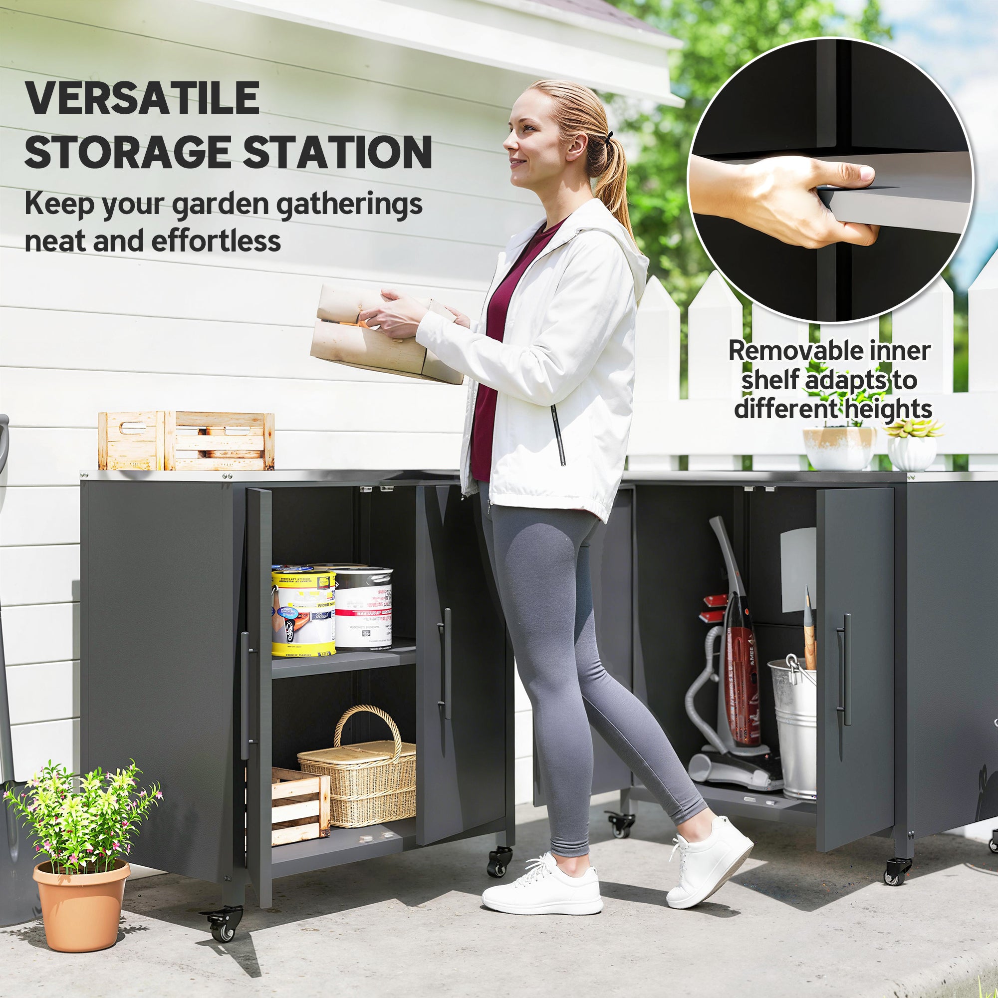 Potting Bench with Cabinet — Metal Outdoor Garden Cabinet with Stainless-Steel Worktop, Removable Shelf, Magnetic Double Doors, Locking Casters — 31.5 x 19.7 x 35.4 in (80 x 50 x 90 cm)