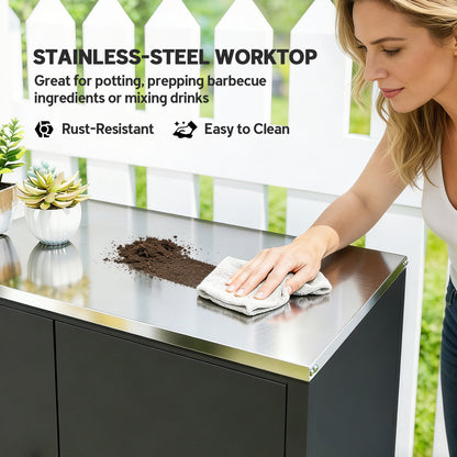 Potting Bench with Cabinet — Metal Outdoor Garden Cabinet with Stainless-Steel Worktop, Removable Shelf, Magnetic Double Doors, Locking Casters — 31.5 x 19.7 x 35.4 in (80 x 50 x 90 cm)