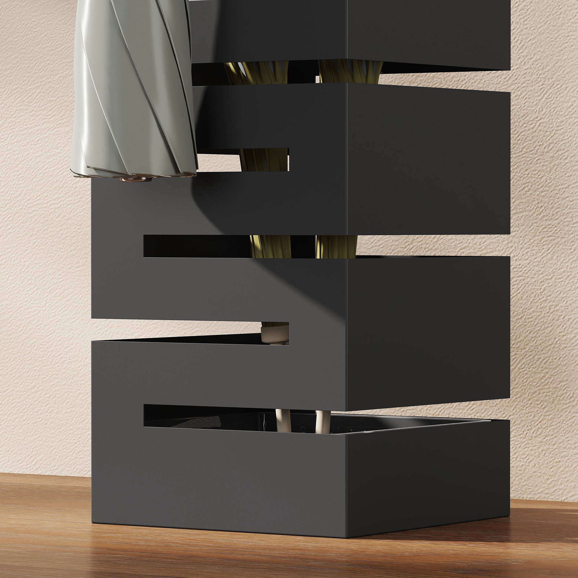 Metal Umbrella Stand, Square Holder with Removable Drip Tray & 4 Hooks, for Entryway, 15.5 x 15.5 x 49 cm (6.1 x 6.1 x 19.3 in), Black