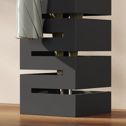 Metal Umbrella Stand, Square Holder with Removable Drip Tray & 4 Hooks, for Entryway, 15.5 x 15.5 x 49 cm (6.1 x 6.1 x 19.3 in), Black