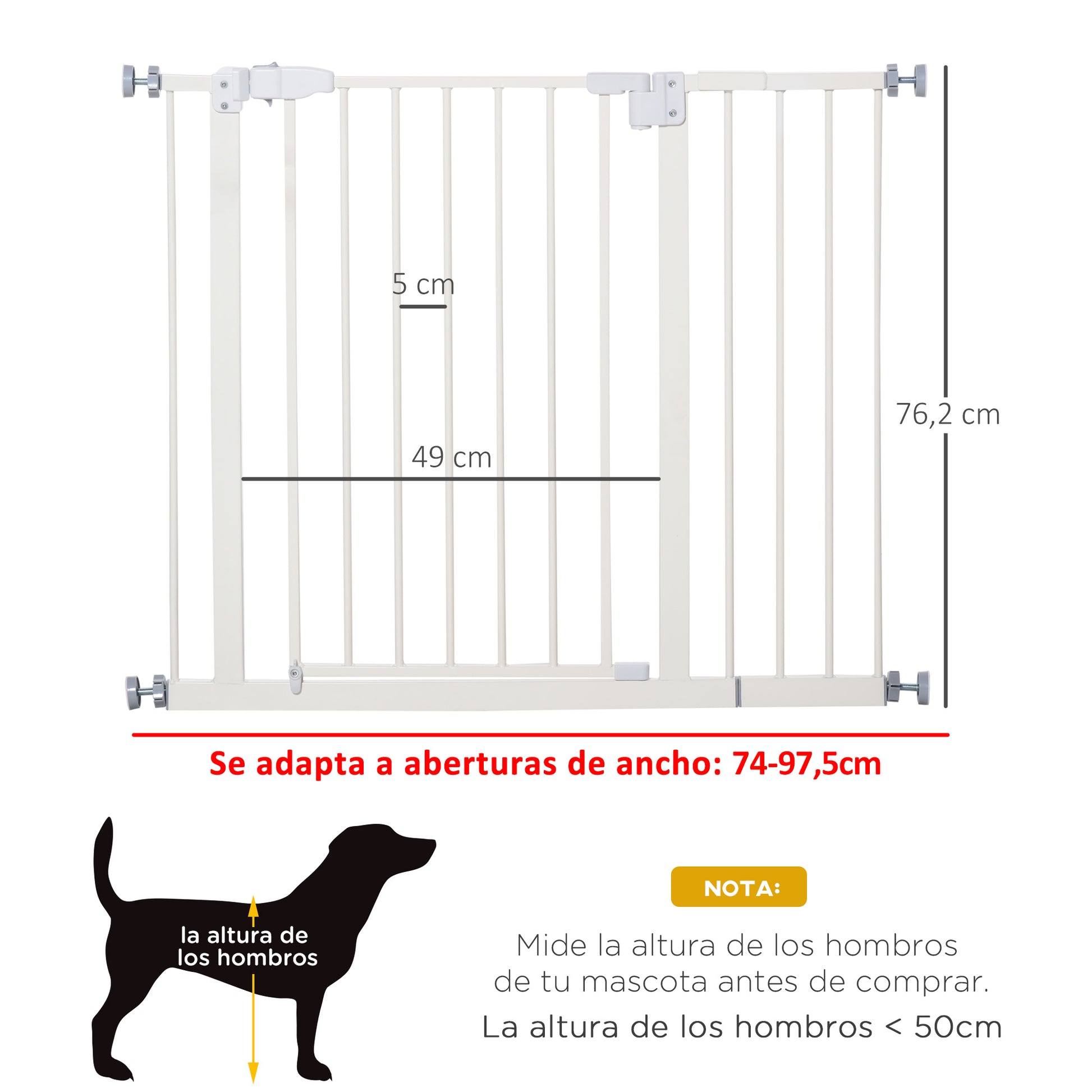 Metal Safety Barrier Gate for Dogs with Adjustable Length Automatic Closing System for Stairs Hallways 74-97.5x76.2 cm White