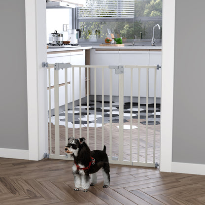 Metal Safety Barrier Gate for Dogs with Adjustable Length Automatic Closing System for Stairs Hallways 74-97.5x76.2 cm White
