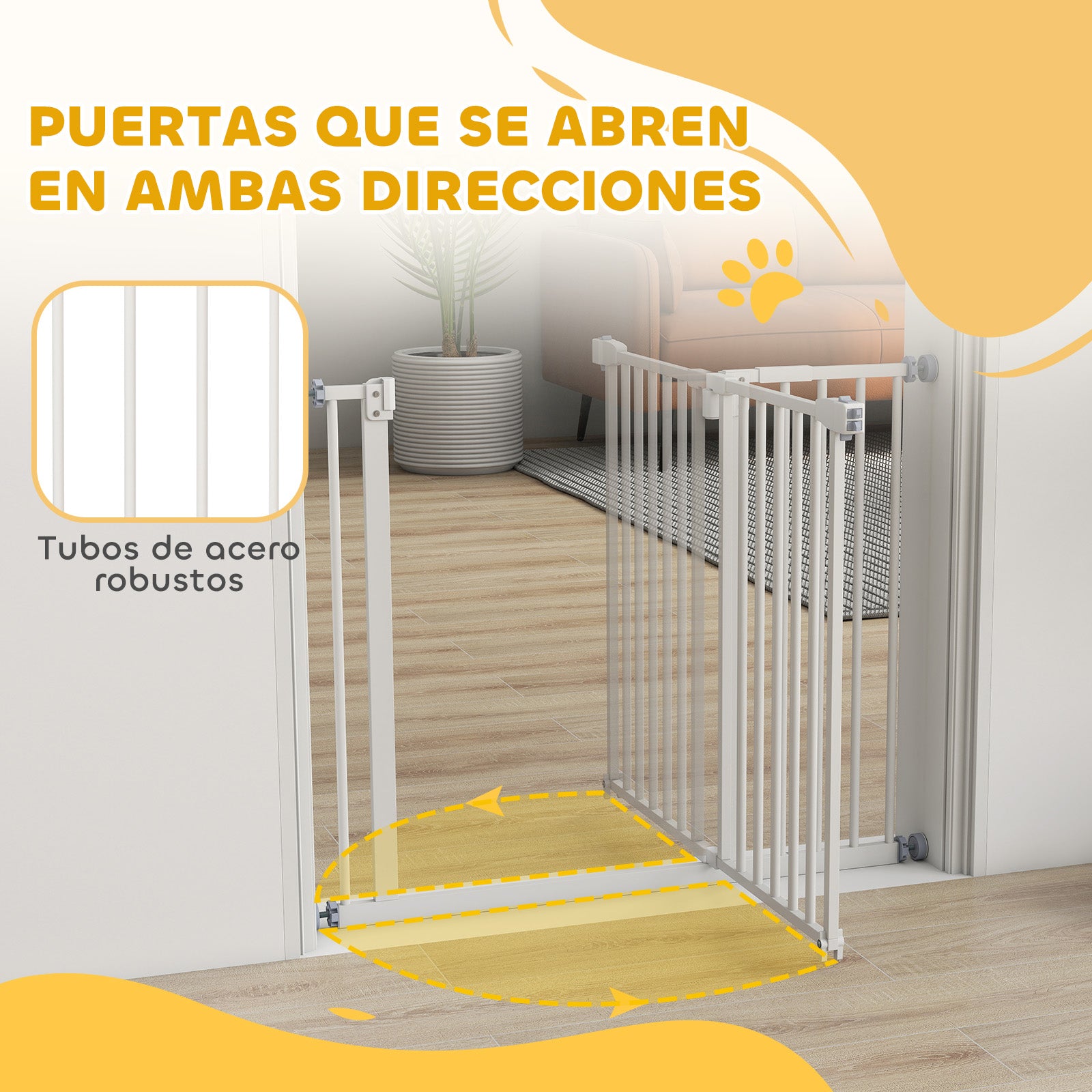 Metal Safety Barrier Gate for Dogs with Adjustable Length Automatic Closing System for Stairs Hallways 74-97.5x76.2 cm White