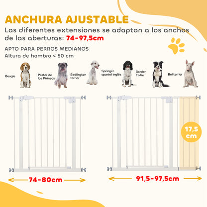 Metal Safety Barrier Gate for Dogs with Adjustable Length Automatic Closing System for Stairs Hallways 74-97.5x76.2 cm White