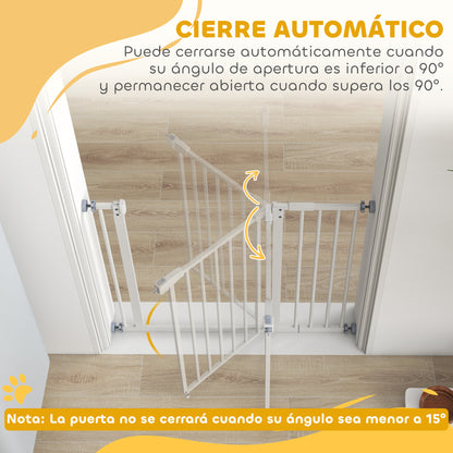 Metal Safety Barrier Gate for Dogs with Adjustable Length Automatic Closing System for Stairs Hallways 74-97.5x76.2 cm White