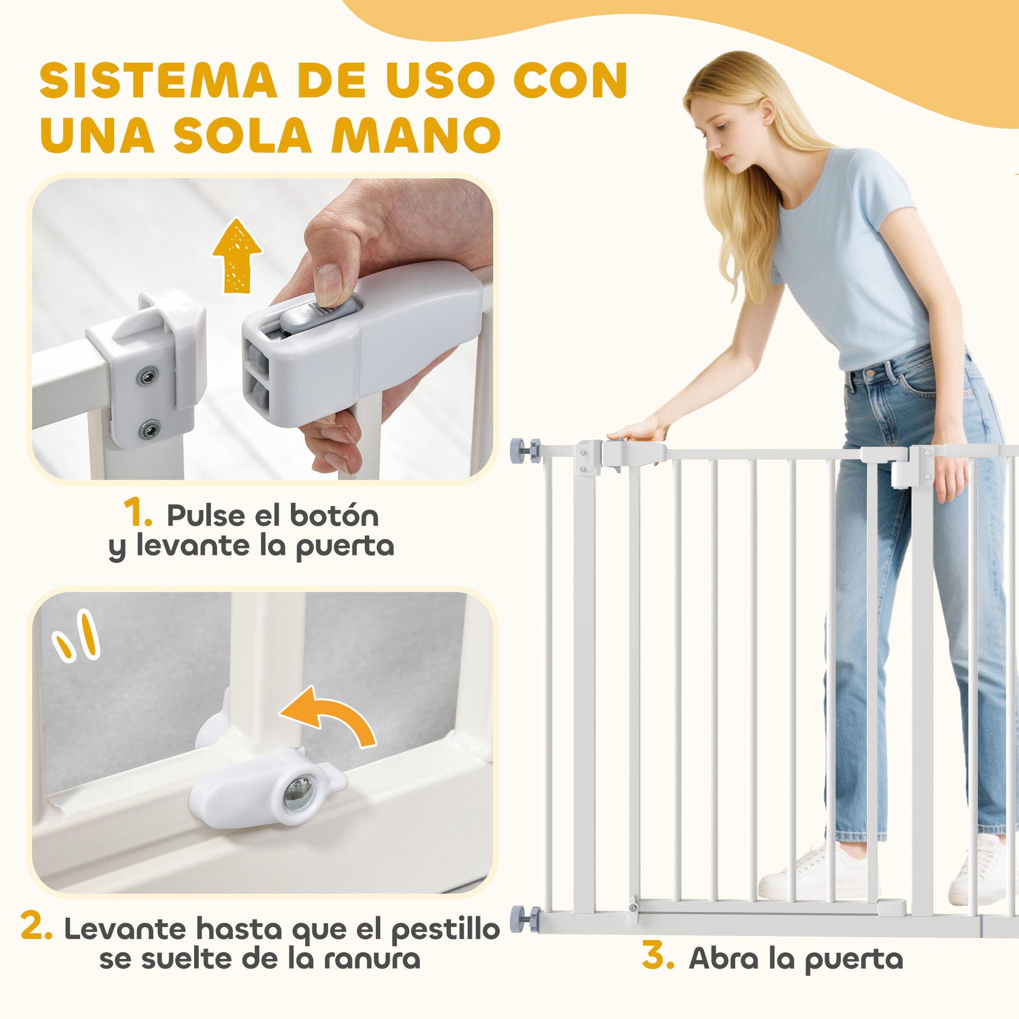 Metal Safety Barrier Gate for Dogs with Adjustable Length Automatic Closing System for Stairs Hallways 74-97.5x76.2 cm White