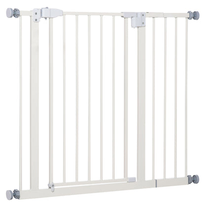 Metal Safety Barrier Gate for Dogs with Adjustable Length Automatic Closing System for Stairs Hallways 74-97.5x76.2 cm White