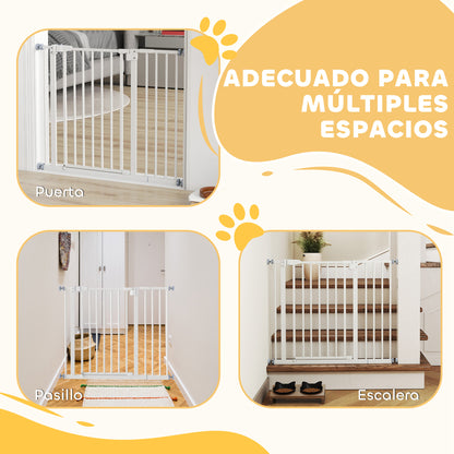Metal Safety Barrier Gate for Dogs with Adjustable Length Automatic Closing System for Stairs Hallways 74-97.5x76.2 cm White