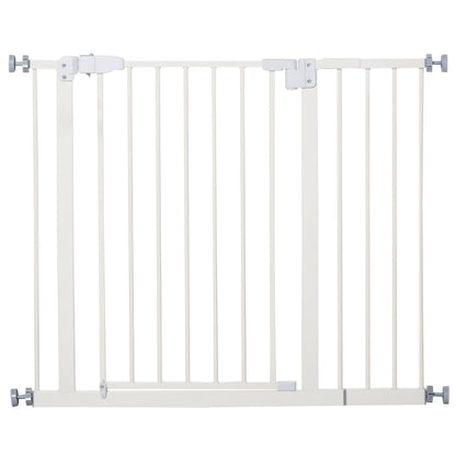 Metal Safety Barrier Gate for Dogs with Adjustable Length Automatic Closing System for Stairs Hallways 74-97.5x76.2 cm White