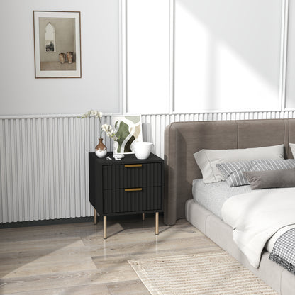 Bedside Table, Fluted Nightstand with 2 Drawers and Steel Legs, Side Table for Bedroom, Living Room, Size 40 x 39 x 48 cm, Black