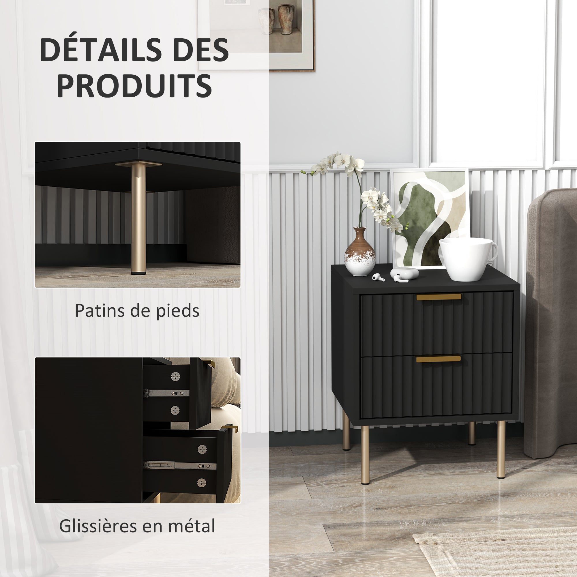 Bedside Table, Fluted Nightstand with 2 Drawers and Steel Legs, Side Table for Bedroom, Living Room, Size 40 x 39 x 48 cm, Black