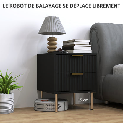 Bedside Table, Fluted Nightstand with 2 Drawers and Steel Legs, Side Table for Bedroom, Living Room, Size 40 x 39 x 48 cm, Black