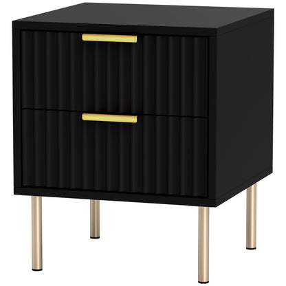 Bedside Table, Fluted Nightstand with 2 Drawers and Steel Legs, Side Table for Bedroom, Living Room, Size 40 x 39 x 48 cm, Black