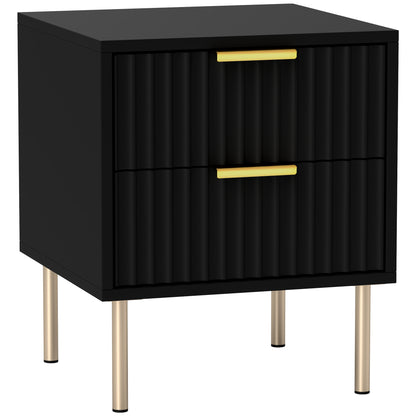 Bedside Table, Fluted Nightstand with 2 Drawers and Steel Legs, Side Table for Bedroom, Living Room, Size 40 x 39 x 48 cm, Black