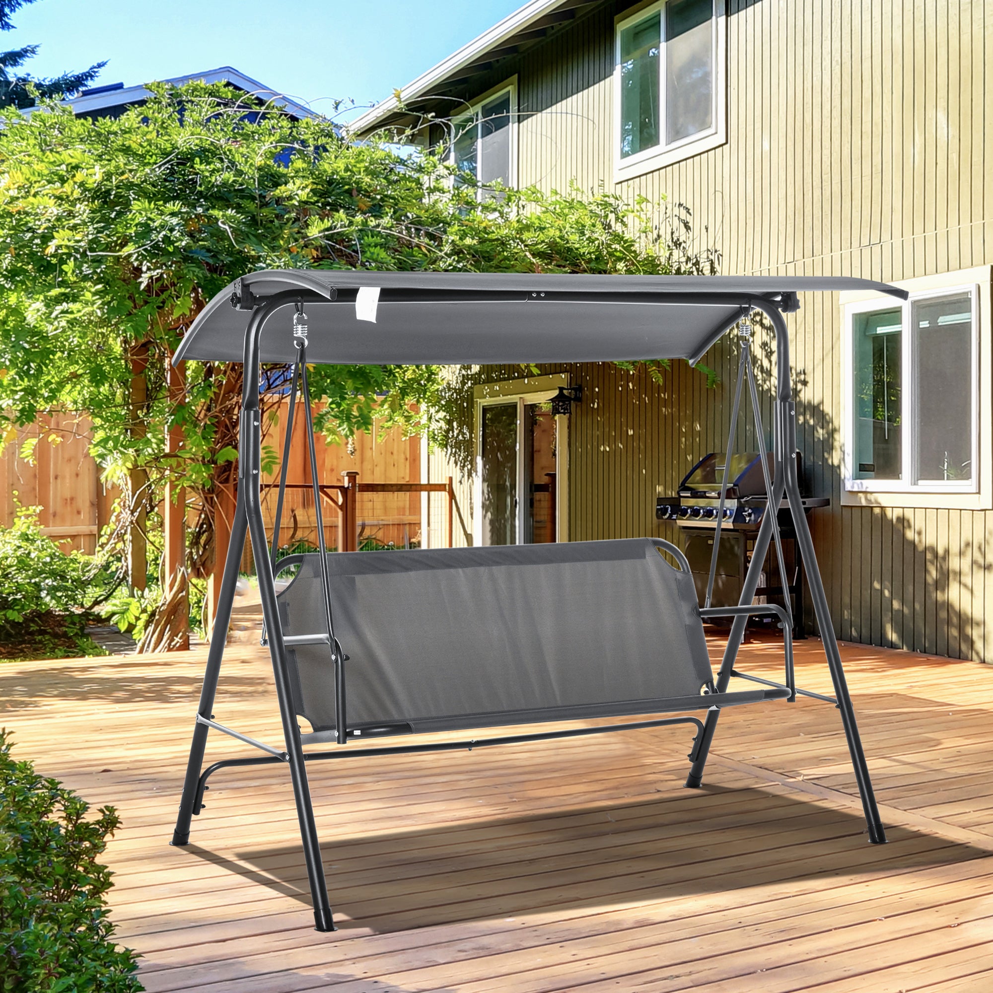 3-Seater Garden Swing with Adjustable Sunshade Canopy, Breathable Polyester and Steel Seat, Holds up to 200 kg, 172x110x153 cm, Gray and Black