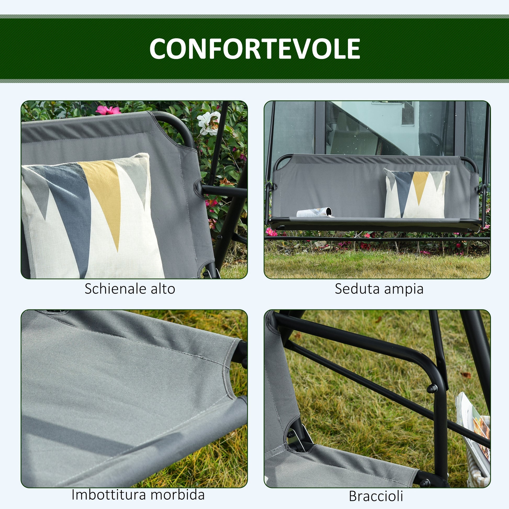 3-Seater Garden Swing with Adjustable Sunshade Canopy, Breathable Polyester and Steel Seat, Holds up to 200 kg, 172x110x153 cm, Gray and Black