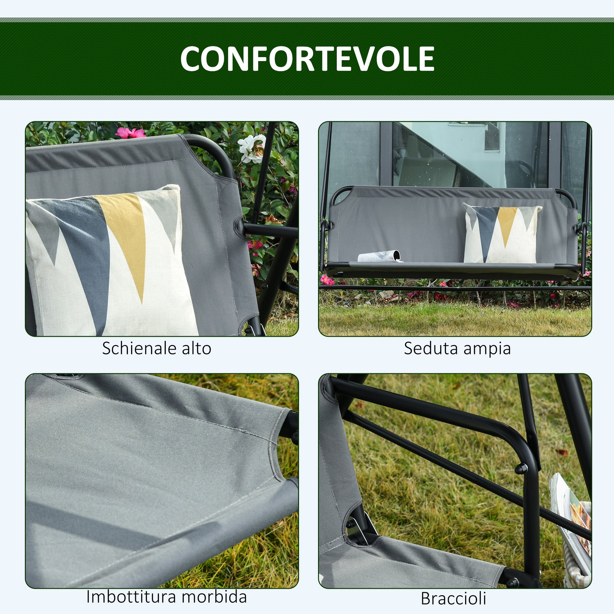 3-Seater Garden Swing with Adjustable Sunshade Canopy, Breathable Polyester and Steel Seat, Holds up to 200 kg, 172x110x153 cm, Gray and Black