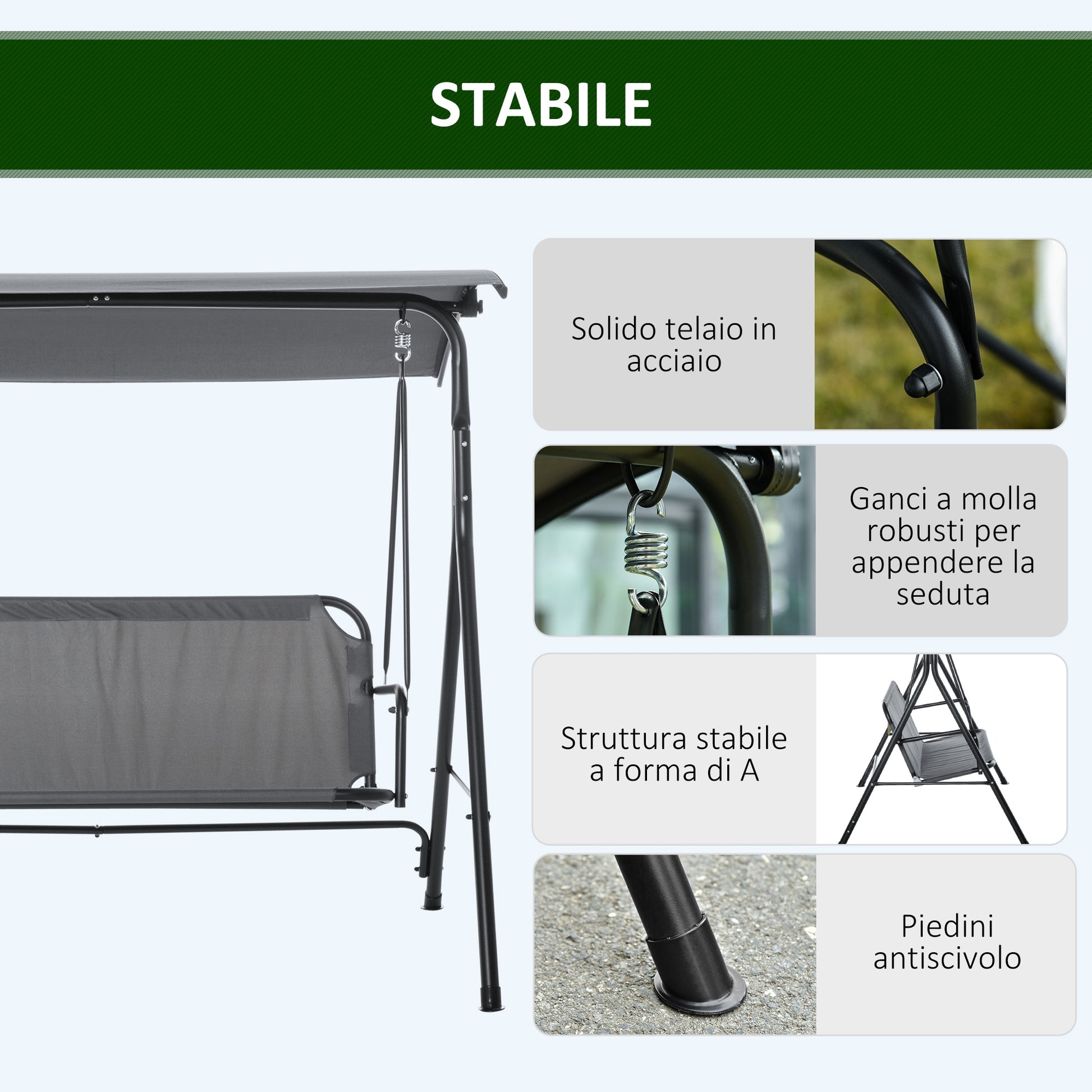3-Seater Garden Swing with Adjustable Sunshade Canopy, Breathable Polyester and Steel Seat, Holds up to 200 kg, 172x110x153 cm, Gray and Black