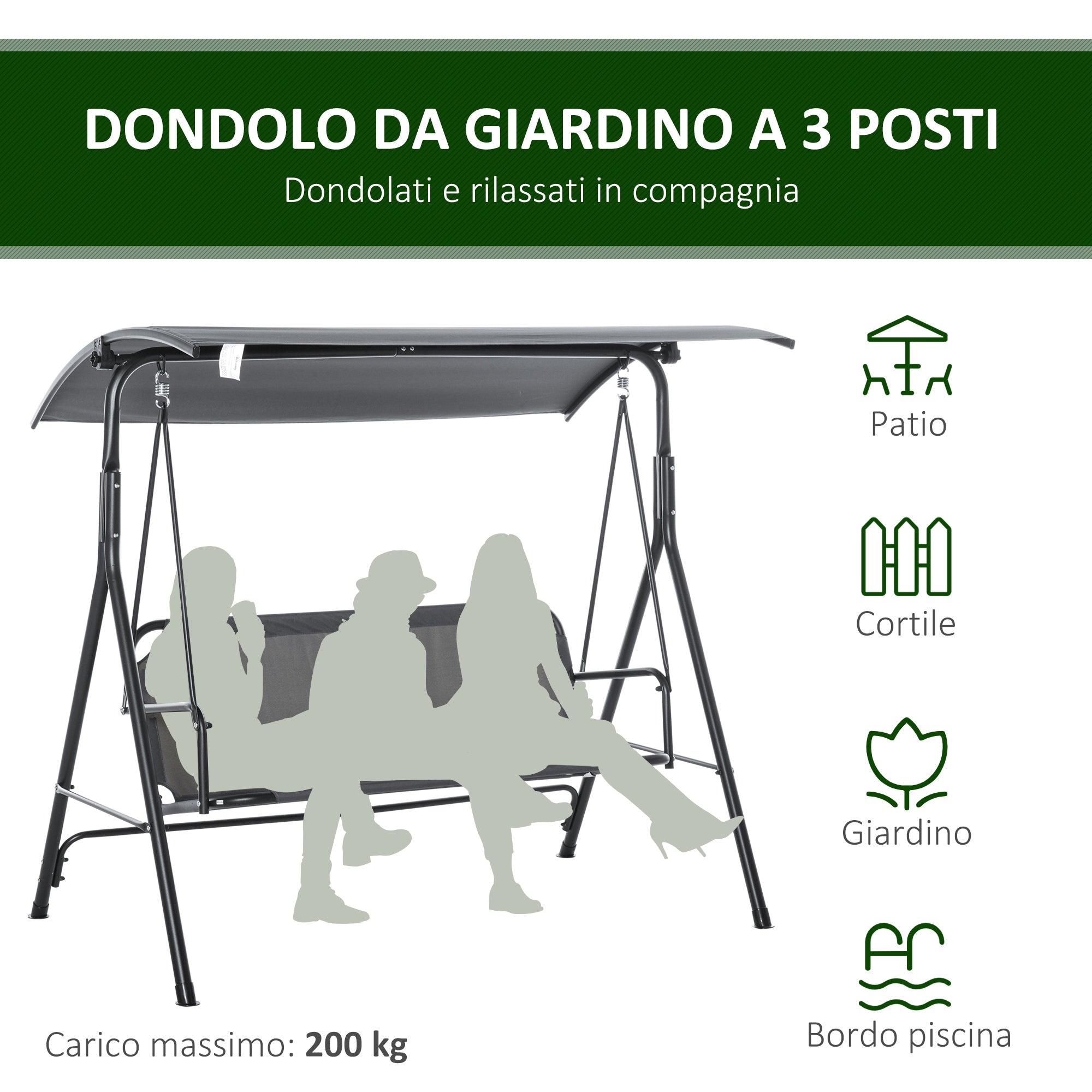 3-Seater Garden Swing with Adjustable Sunshade Canopy, Breathable Polyester and Steel Seat, Holds up to 200 kg, 172x110x153 cm, Gray and Black