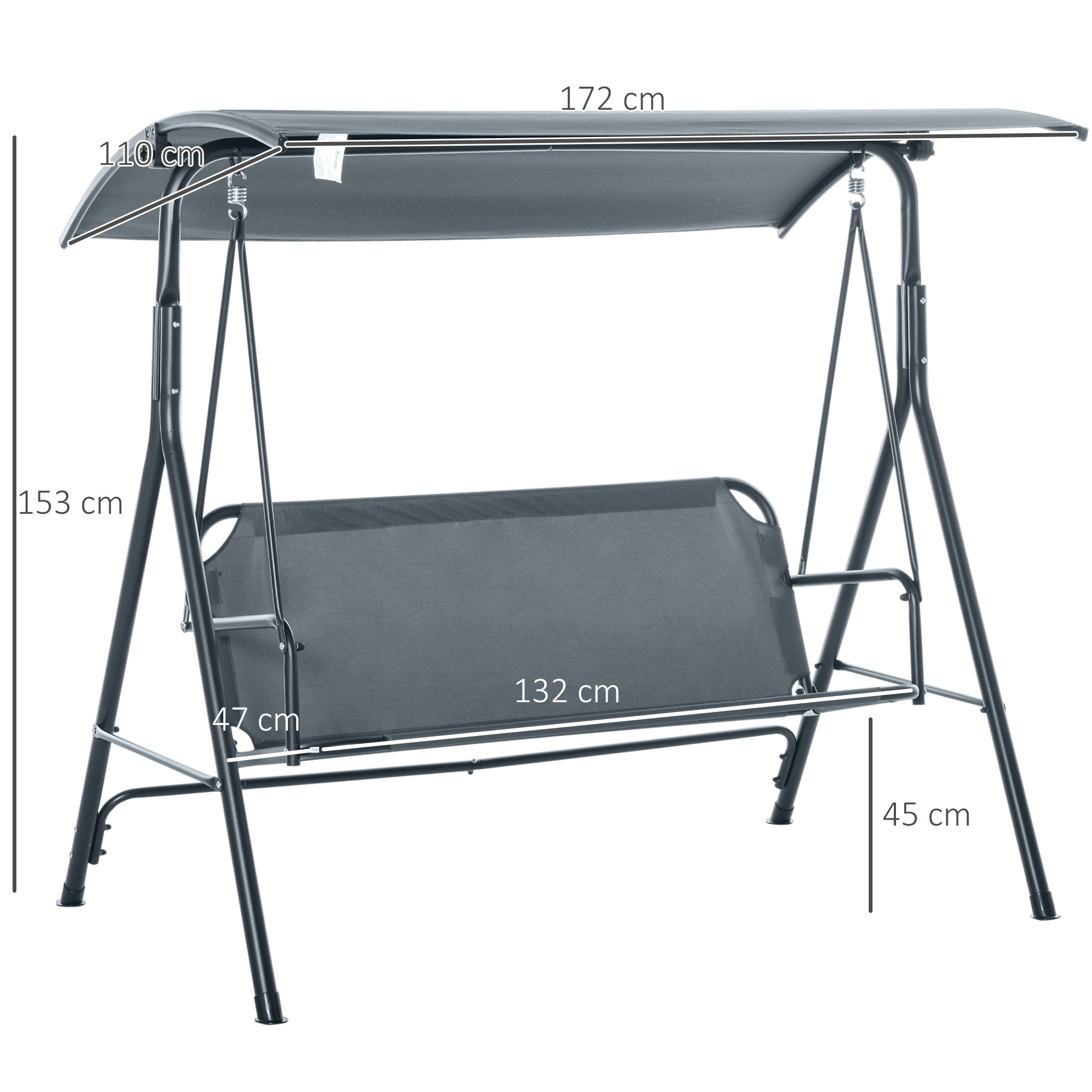 3-Seater Garden Swing with Adjustable Sunshade Canopy, Breathable Polyester and Steel Seat, Holds up to 200 kg, 172x110x153 cm, Gray and Black