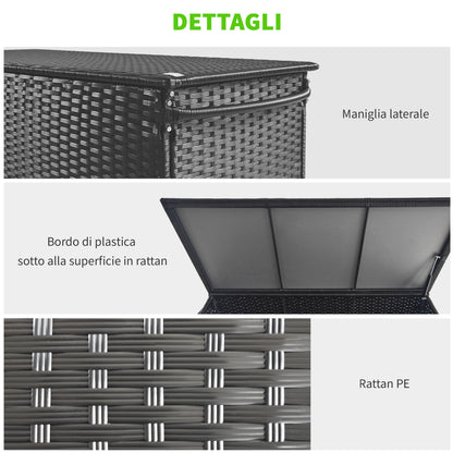 Garden Storage Box in PE Rattan, Outdoor Storage Bench with Wheels, Pneumatic Piston, and Side Handle, 121x57x67cm, Black