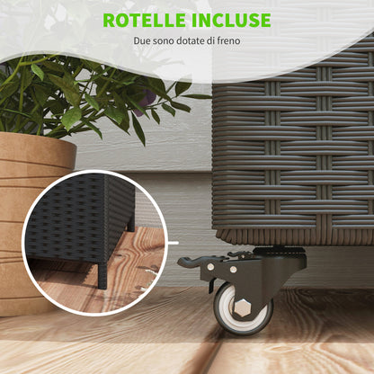 Garden Storage Box in PE Rattan, Outdoor Storage Bench with Wheels, Pneumatic Piston, and Side Handle, 121x57x67cm, Black