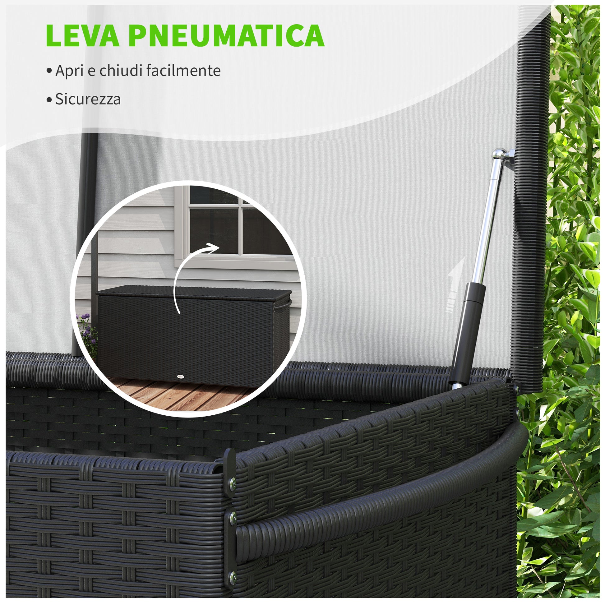 Garden Storage Box in PE Rattan, Outdoor Storage Bench with Wheels, Pneumatic Piston, and Side Handle, 121x57x67cm, Black