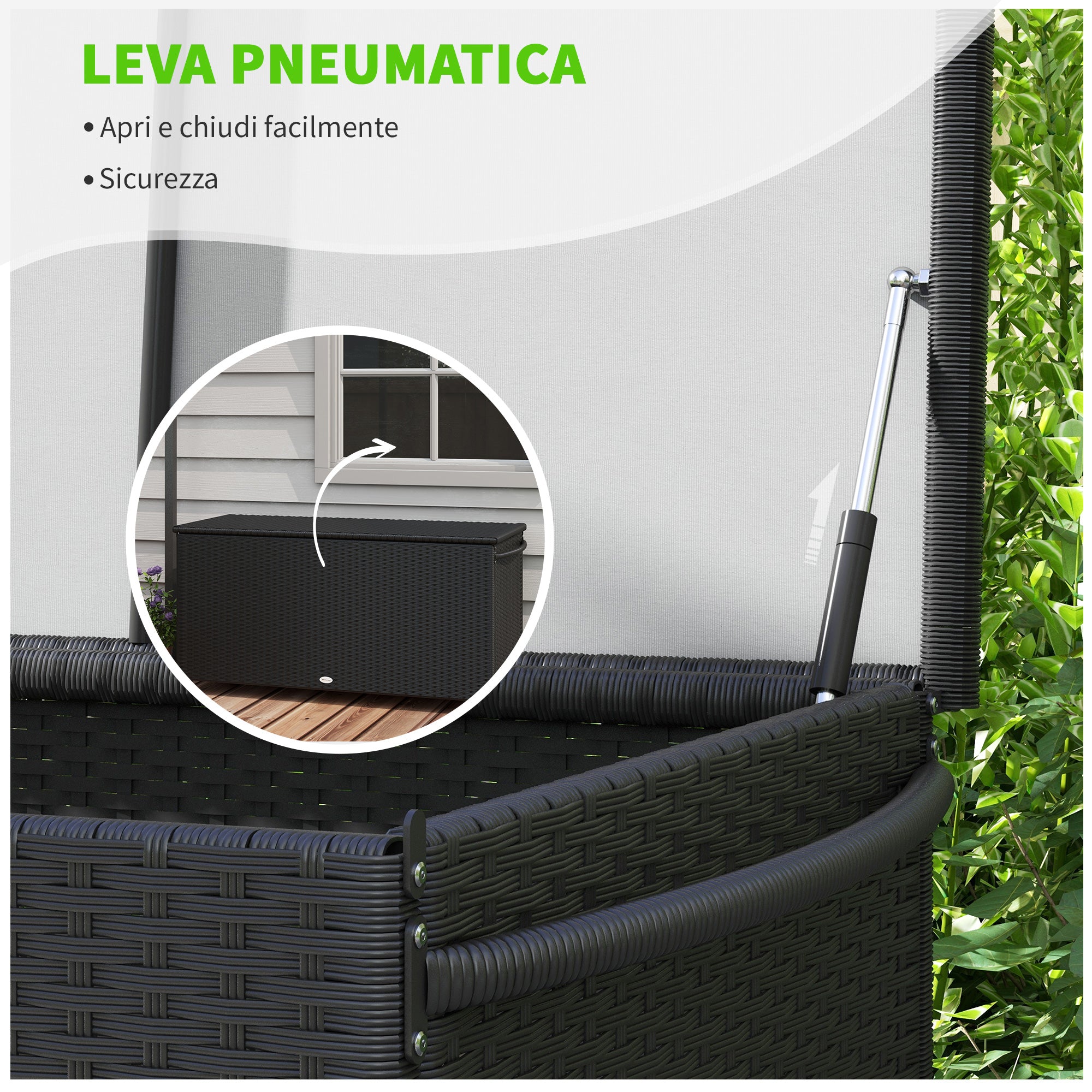 Garden Storage Box in PE Rattan, Outdoor Storage Bench with Wheels, Pneumatic Piston, and Side Handle, 121x57x67cm, Black