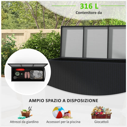 Garden Storage Box in PE Rattan, Outdoor Storage Bench with Wheels, Pneumatic Piston, and Side Handle, 121x57x67cm, Black