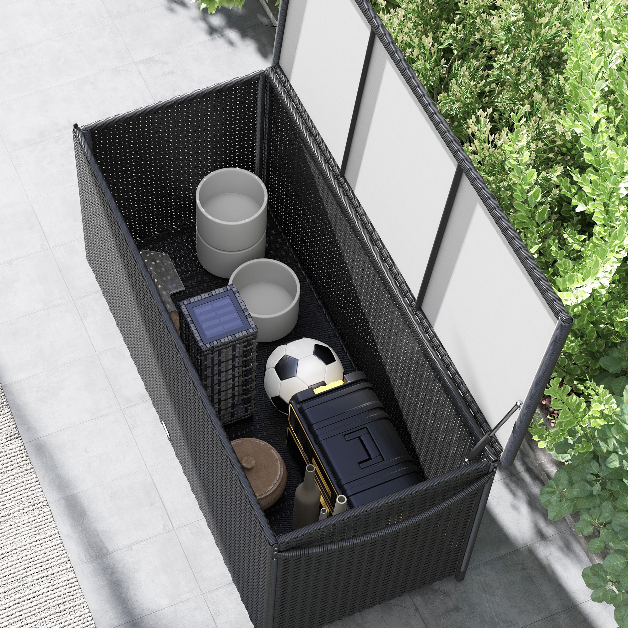 Garden Storage Box in PE Rattan, Outdoor Storage Bench with Wheels, Pneumatic Piston, and Side Handle, 121x57x67cm, Black