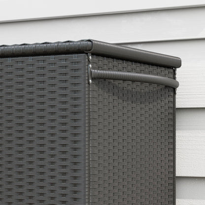 Garden Storage Box in PE Rattan, Outdoor Storage Bench with Wheels, Pneumatic Piston, and Side Handle, 121x57x67cm, Black