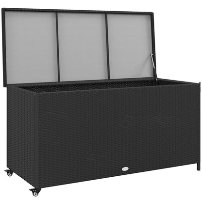 Garden Storage Box in PE Rattan, Outdoor Storage Bench with Wheels, Pneumatic Piston, and Side Handle, 121x57x67cm, Black
