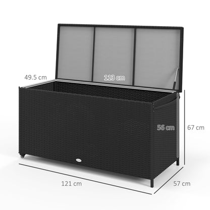 Garden Storage Box in PE Rattan, Outdoor Storage Bench with Wheels, Pneumatic Piston, and Side Handle, 121x57x67cm, Black