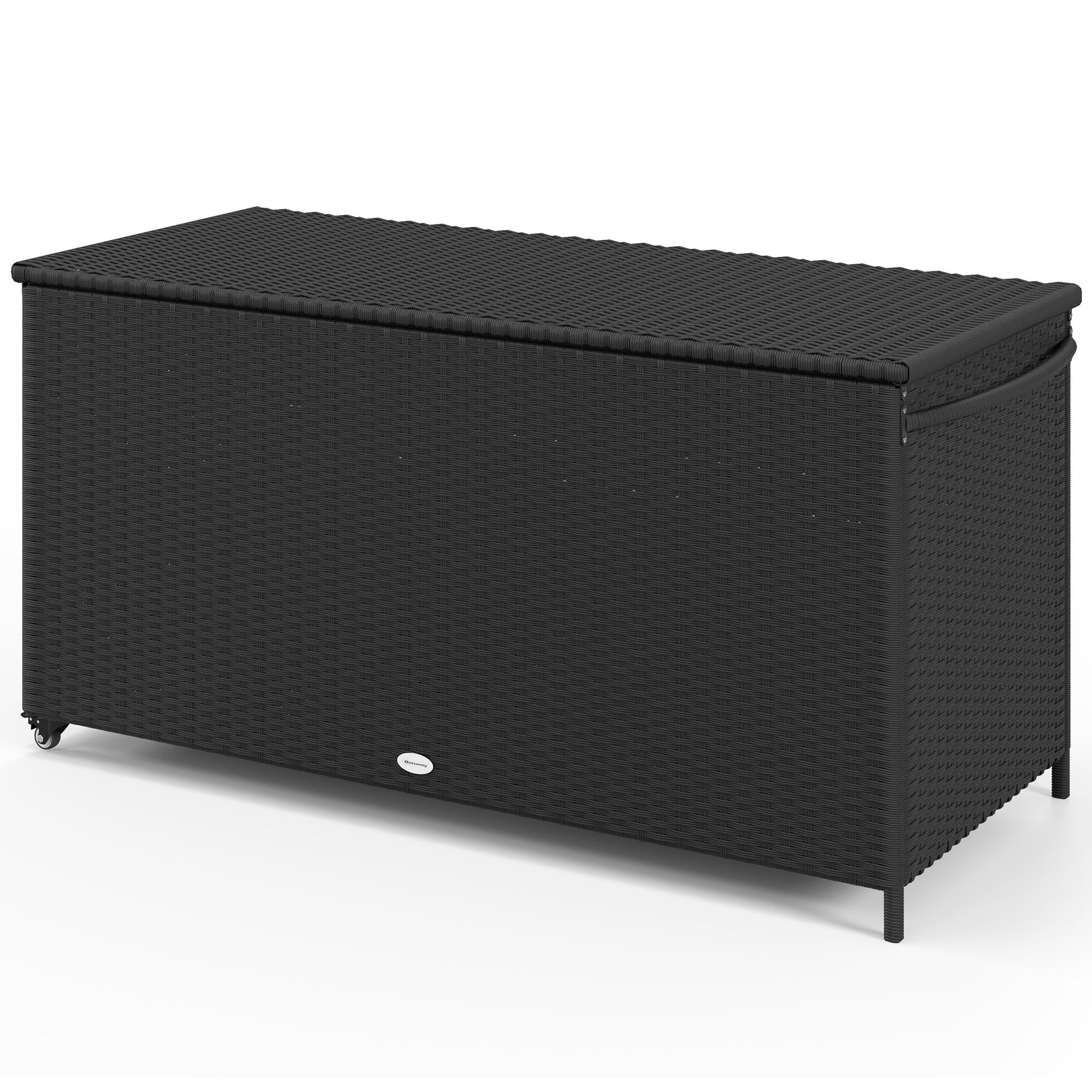 Garden Storage Box in PE Rattan, Outdoor Storage Bench with Wheels, Pneumatic Piston, and Side Handle, 121x57x67cm, Black