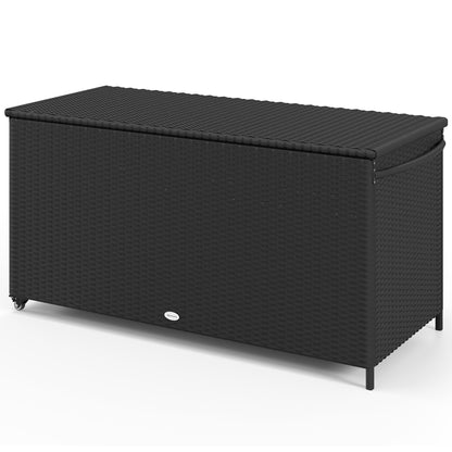 Garden Storage Box in PE Rattan, Outdoor Storage Bench with Wheels, Pneumatic Piston, and Side Handle, 121x57x67cm, Black