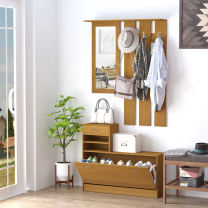 Entryway Hall Tree with Mirror Coat Rack and Shoe Storage 2-Piece Hallway Furniture with 6 Hooks Shelves and Flip-Down Drawer for Hallway Wood Brown