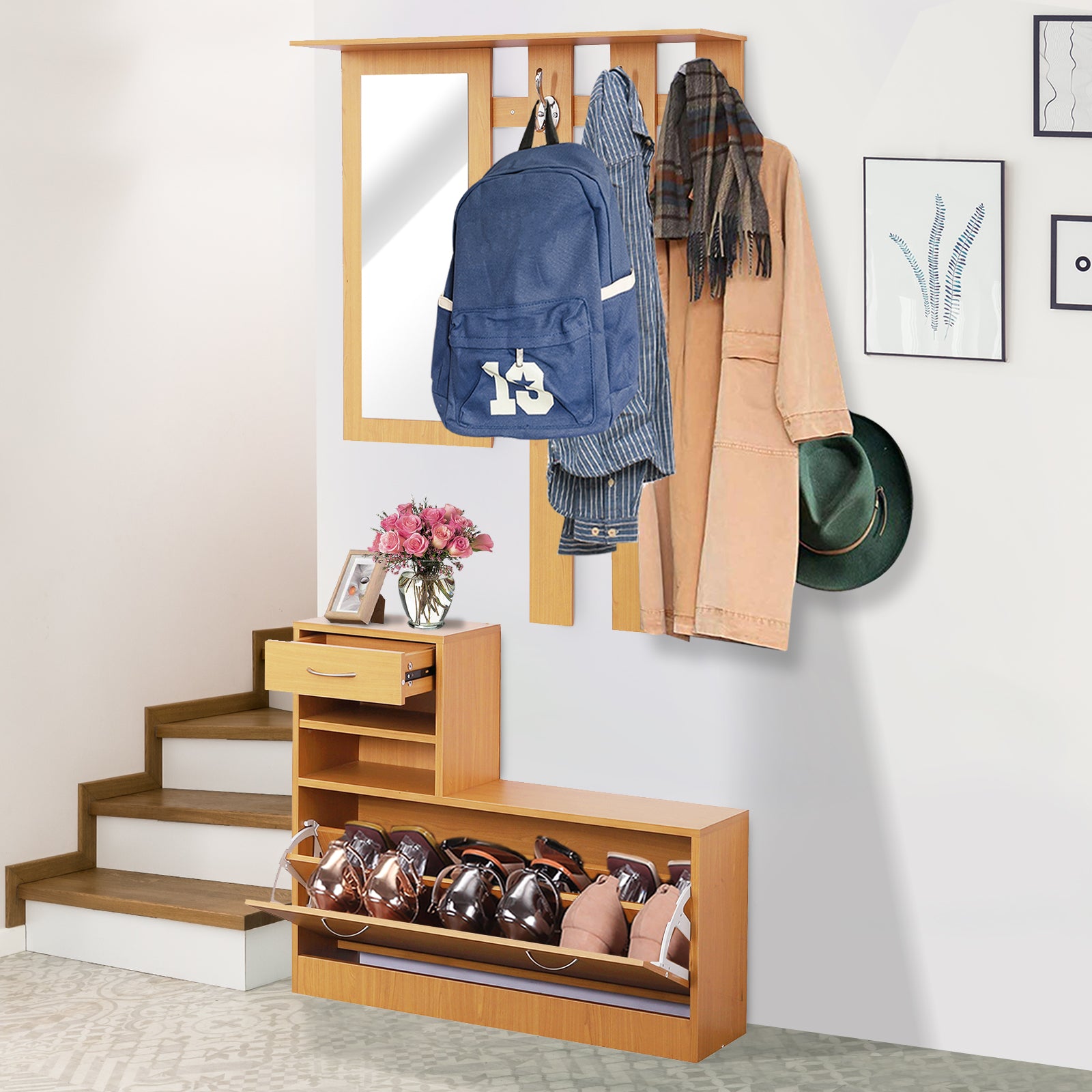 Entryway Hall Tree with Mirror Coat Rack and Shoe Storage 2-Piece Hallway Furniture with 6 Hooks Shelves and Flip-Down Drawer for Hallway Wood Brown