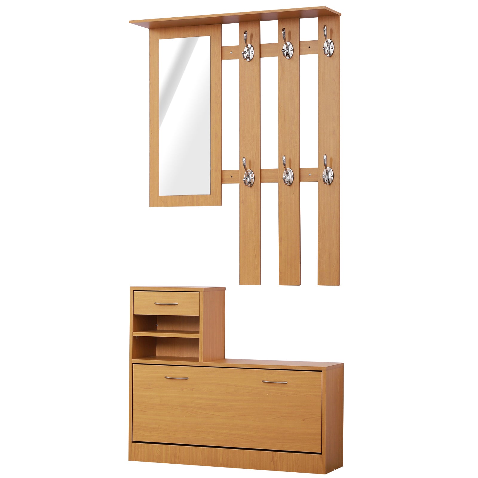 Entryway Hall Tree with Mirror Coat Rack and Shoe Storage 2-Piece Hallway Furniture with 6 Hooks Shelves and Flip-Down Drawer for Hallway Wood Brown