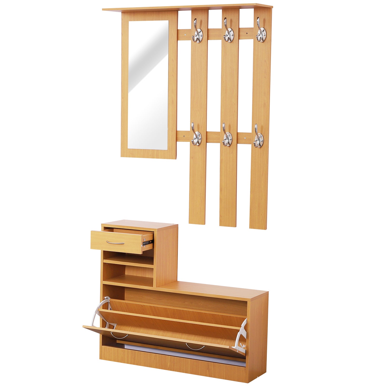 Entryway Hall Tree with Mirror Coat Rack and Shoe Storage 2-Piece Hallway Furniture with 6 Hooks Shelves and Flip-Down Drawer for Hallway Wood Brown