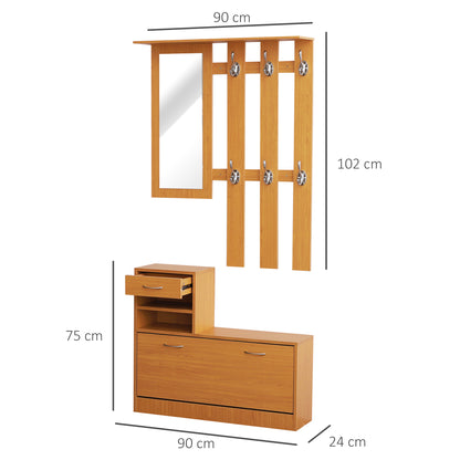 Entryway Hall Tree with Mirror Coat Rack and Shoe Storage 2-Piece Hallway Furniture with 6 Hooks Shelves and Flip-Down Drawer for Hallway Wood Brown