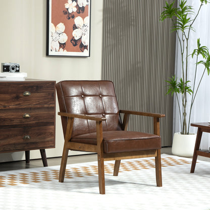 Single Armchair Single Sofa Upholstered in PU with Wooden Armrests Padded Back Load 120 kg Armchair for Living Room Bedroom Brown