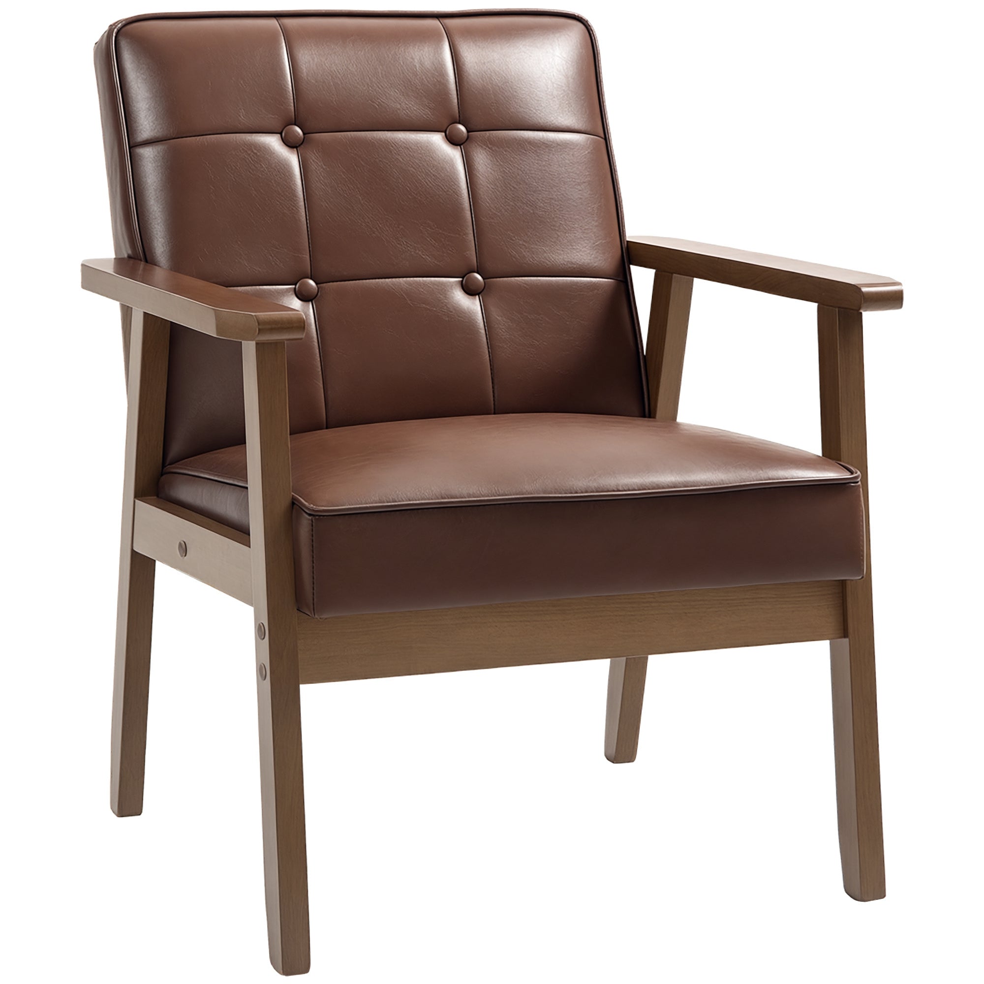 Single Armchair Single Sofa Upholstered in PU with Wooden Armrests Padded Back Load 120 kg Armchair for Living Room Bedroom Brown