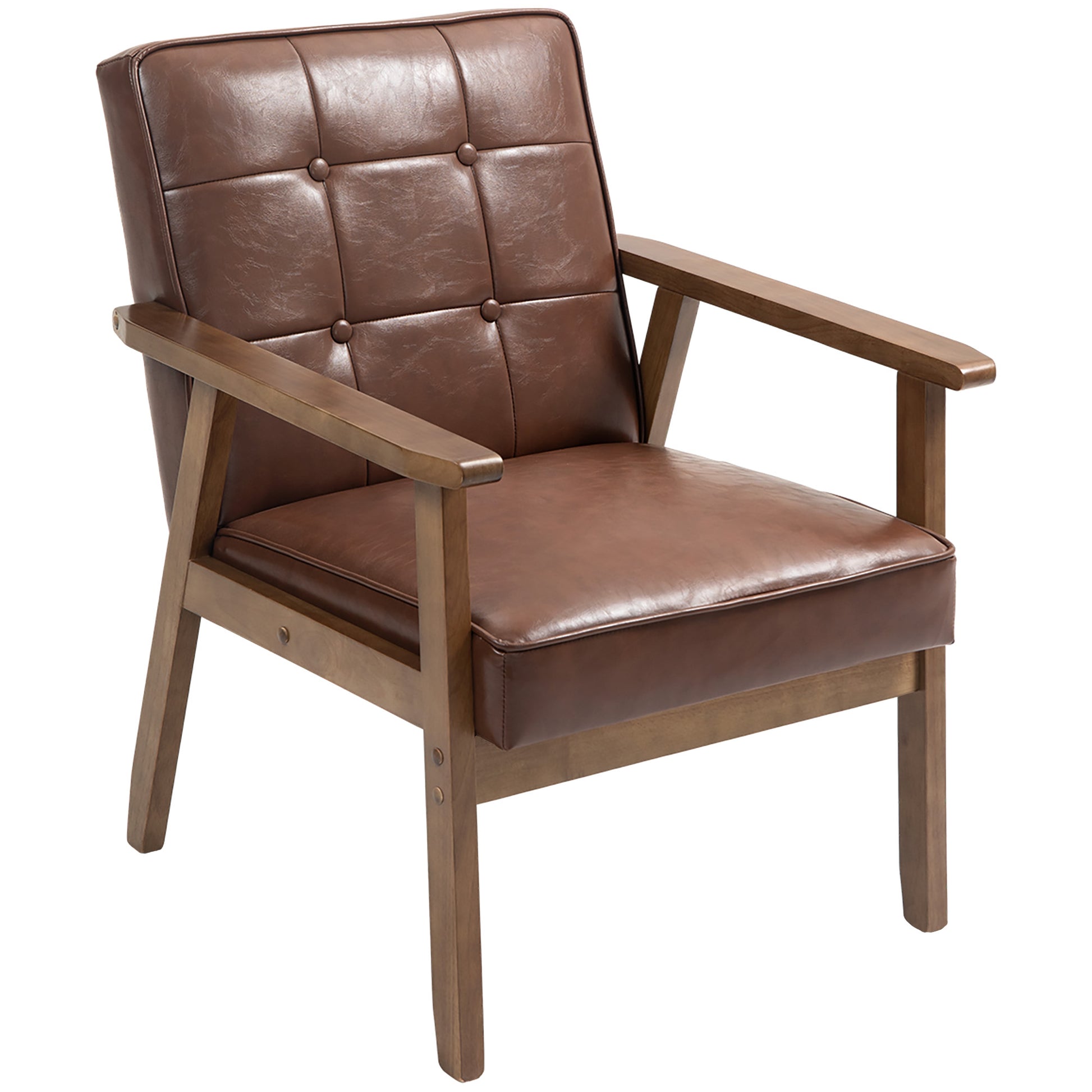 Single Armchair Single Sofa Upholstered in PU with Wooden Armrests Padded Back Load 120 kg Armchair for Living Room Bedroom Brown