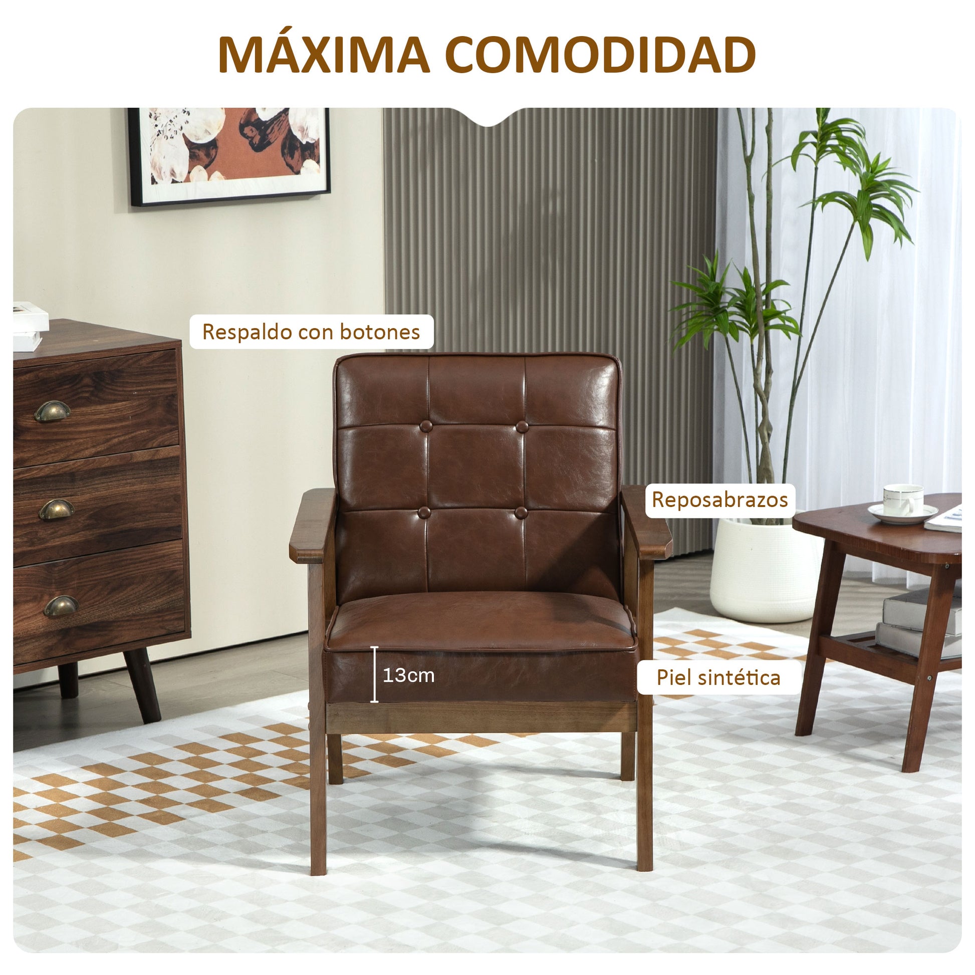 Single Armchair Single Sofa Upholstered in PU with Wooden Armrests Padded Back Load 120 kg Armchair for Living Room Bedroom Brown