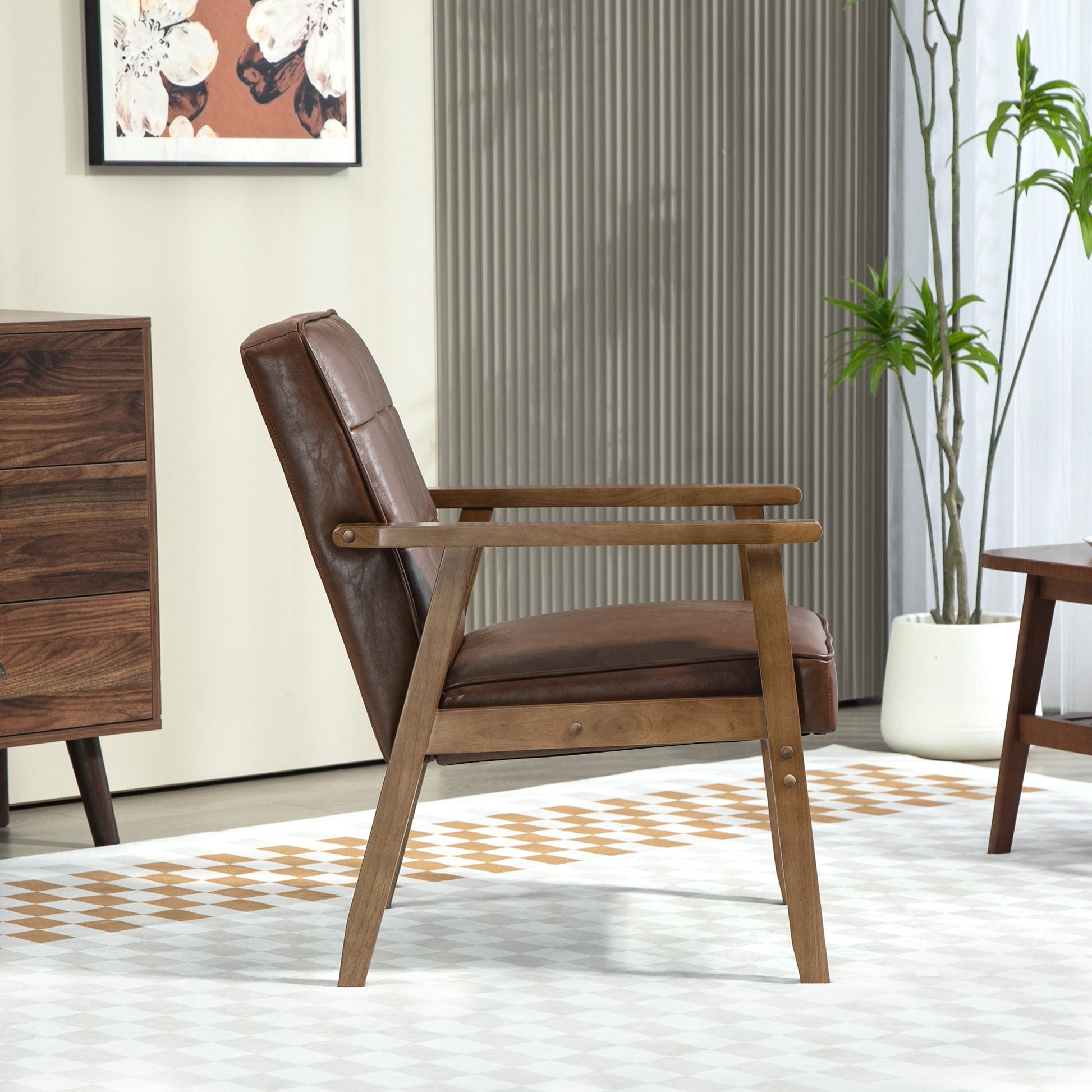 Single Armchair Single Sofa Upholstered in PU with Wooden Armrests Padded Back Load 120 kg Armchair for Living Room Bedroom Brown