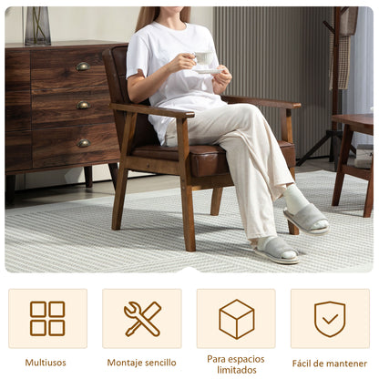 Single Armchair Single Sofa Upholstered in PU with Wooden Armrests Padded Back Load 120 kg Armchair for Living Room Bedroom Brown