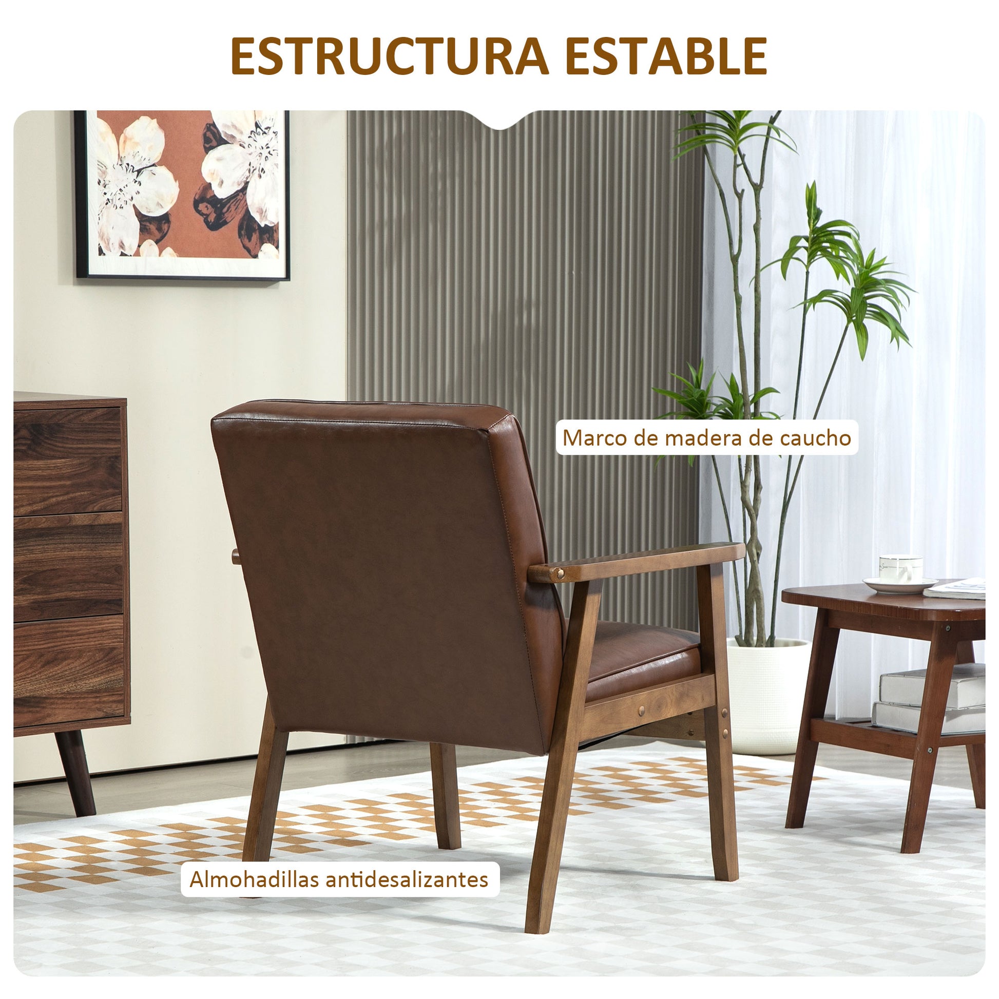 Single Armchair Single Sofa Upholstered in PU with Wooden Armrests Padded Back Load 120 kg Armchair for Living Room Bedroom Brown
