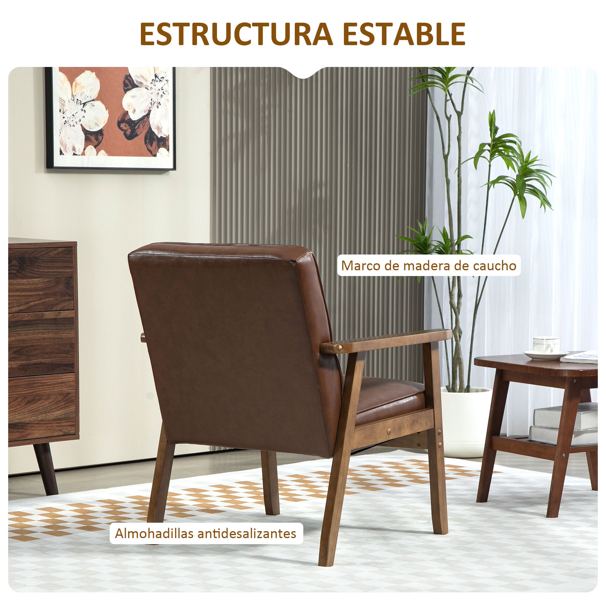 Single Armchair Single Sofa Upholstered in PU with Wooden Armrests Padded Back Load 120 kg Armchair for Living Room Bedroom Brown
